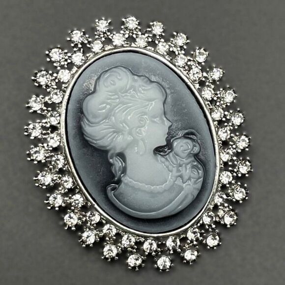 Silver with White Diamond Crystal Victorian Lady Maiden Cameo Pin Back Brooch - Picture 1 of 7